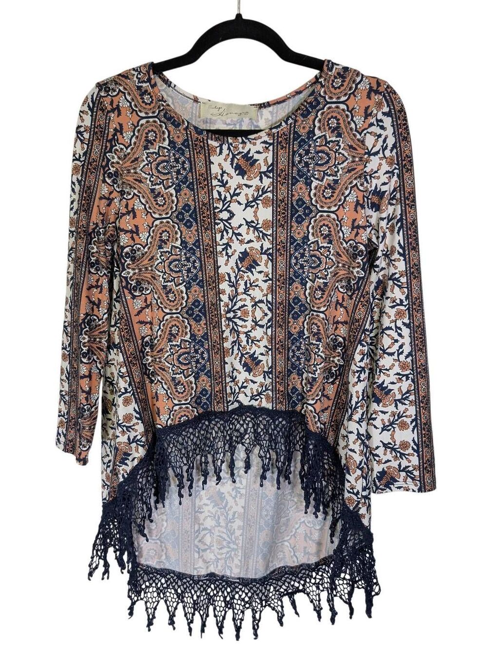 Vintage Havanna Bohemian-style, Three-quarter-sleeve top mixed paisley and flora